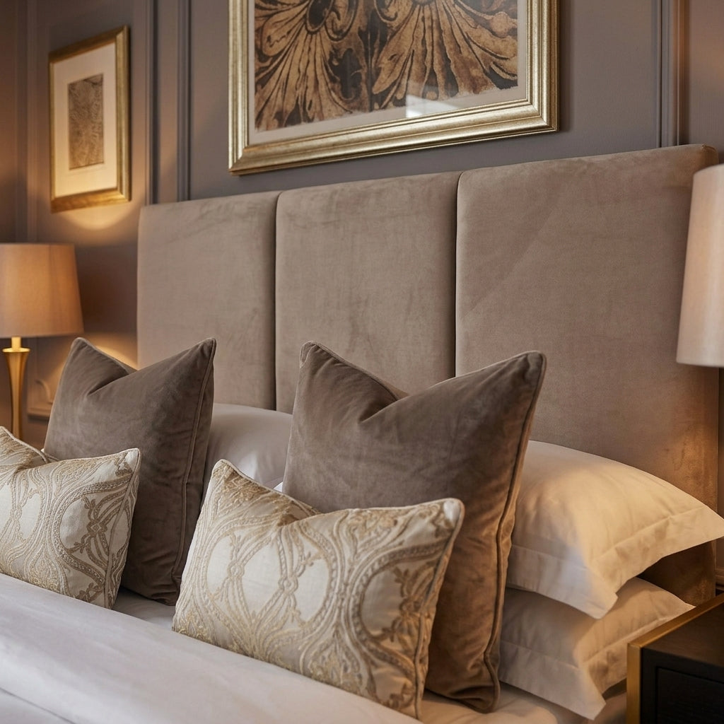 A luxury bedroom setting featuring a large, multi-panel upholstered headboard in taupe velvet, styled with brown velvet pillows, cream pillows, and patterned beige accent pillows. The background shows dark gray paneled walls with framed artwork and warm bedside lamps.
