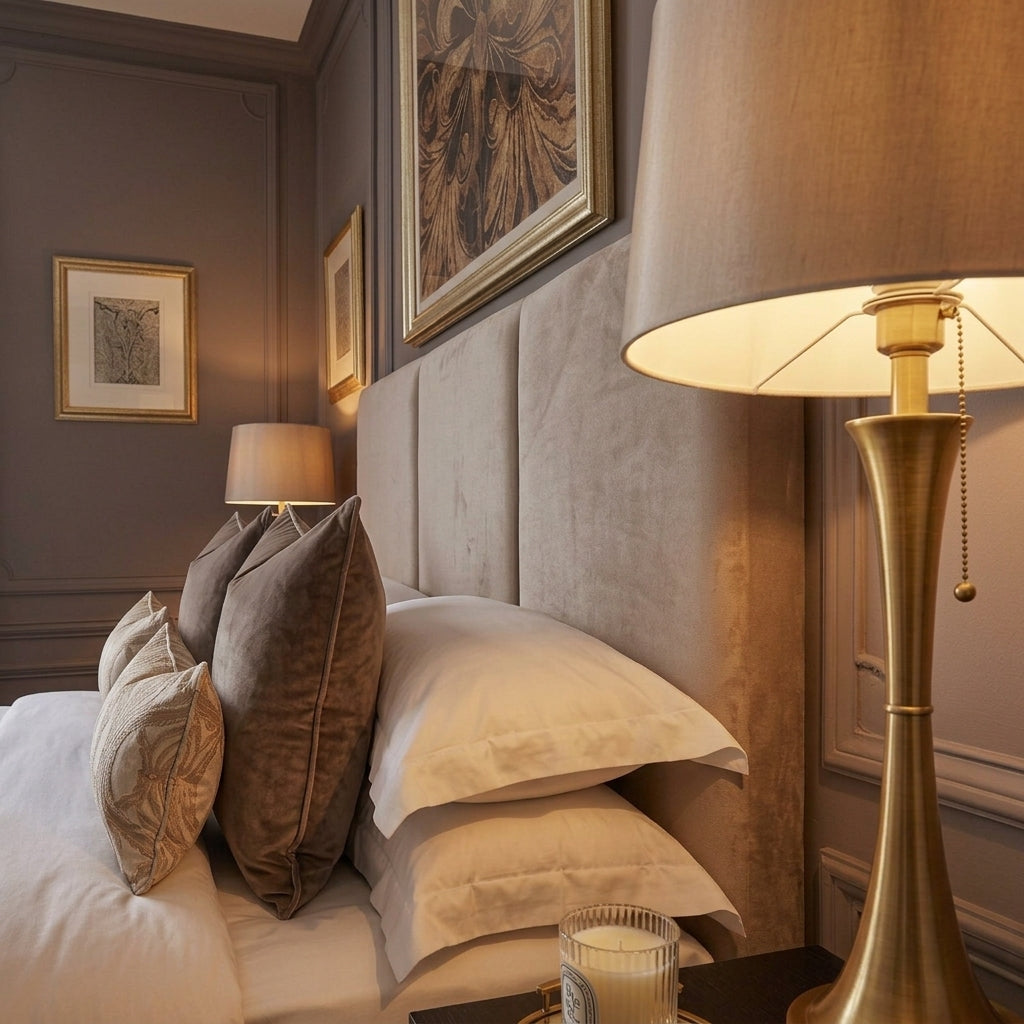 A styled bedroom scene featuring a bed with white and taupe pillows, a tall upholstered headboard, a lit brass table lamp, and warm wall decor in a classic interior setting.