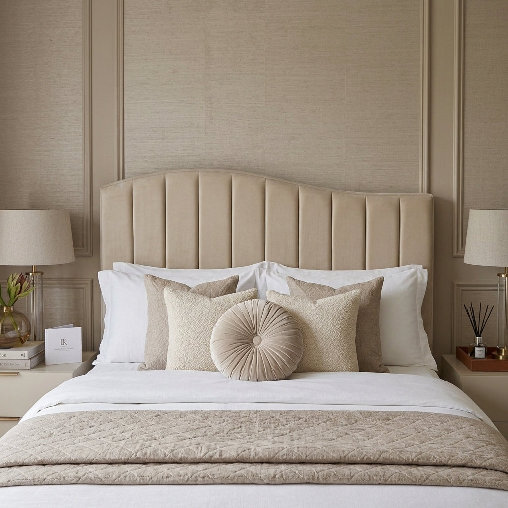 A styled bedroom scene featuring a beige upholstered headboard, layered beige and white pillows, white bedding, and a quilted beige throw blanket on a bed.