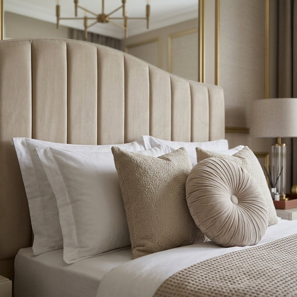 A luxury upholstered headboard in beige velvet, styled with white and beige pillows on a bed in a modern bedroom setting.