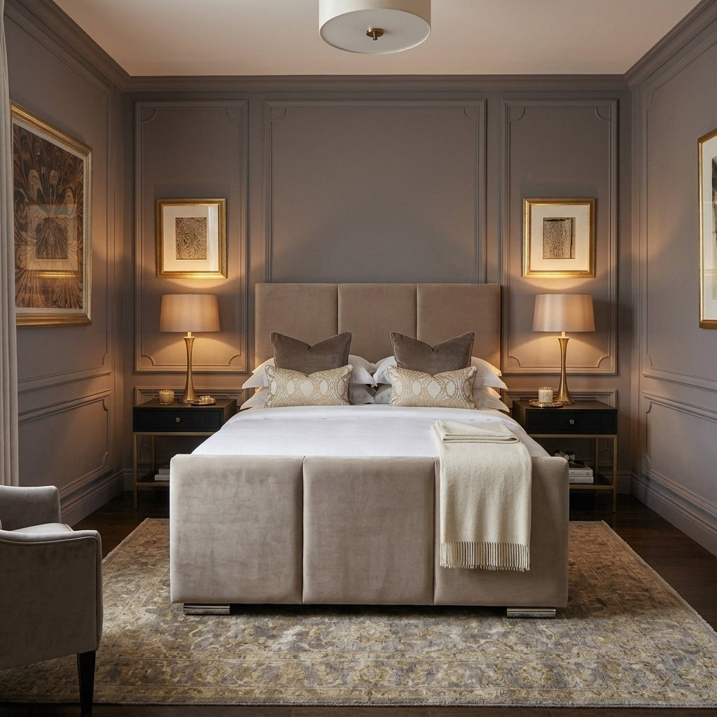 A luxury bedroom featuring a large upholstered platform bed in a taupe fabric, styled with white bedding, patterned pillows, bedside tables with lamps, and a patterned area rug in a classic room setting.