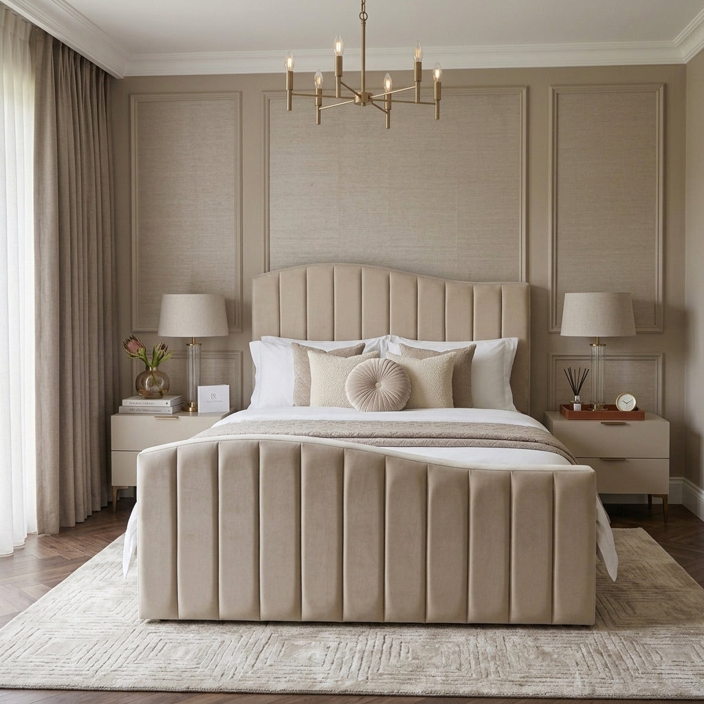 A beige upholstered bed with a vertically channel-tufted headboard and matching footboard, styled in a symmetrical, elegant bedroom with neutral beige walls, matching nightstands, and lamps.