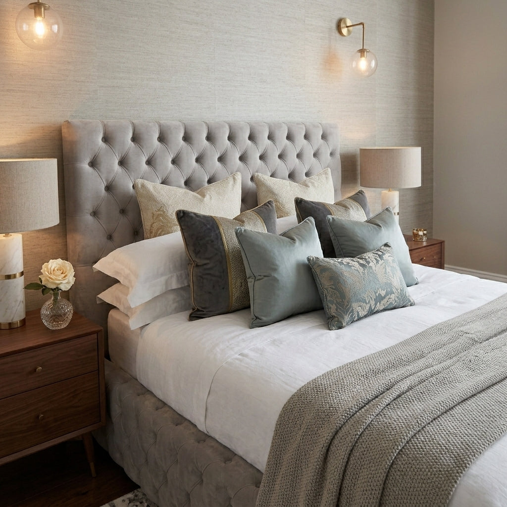 A styled bedroom featuring a large tufted upholstered headboard and matching bed frame in a light gray fabric, dressed with white bedding, multiple gray and beige pillows, and a textured gray throw blanket. Wooden bedside tables, table lamps, wall sconces, and a textured wallpapered wall are visible.