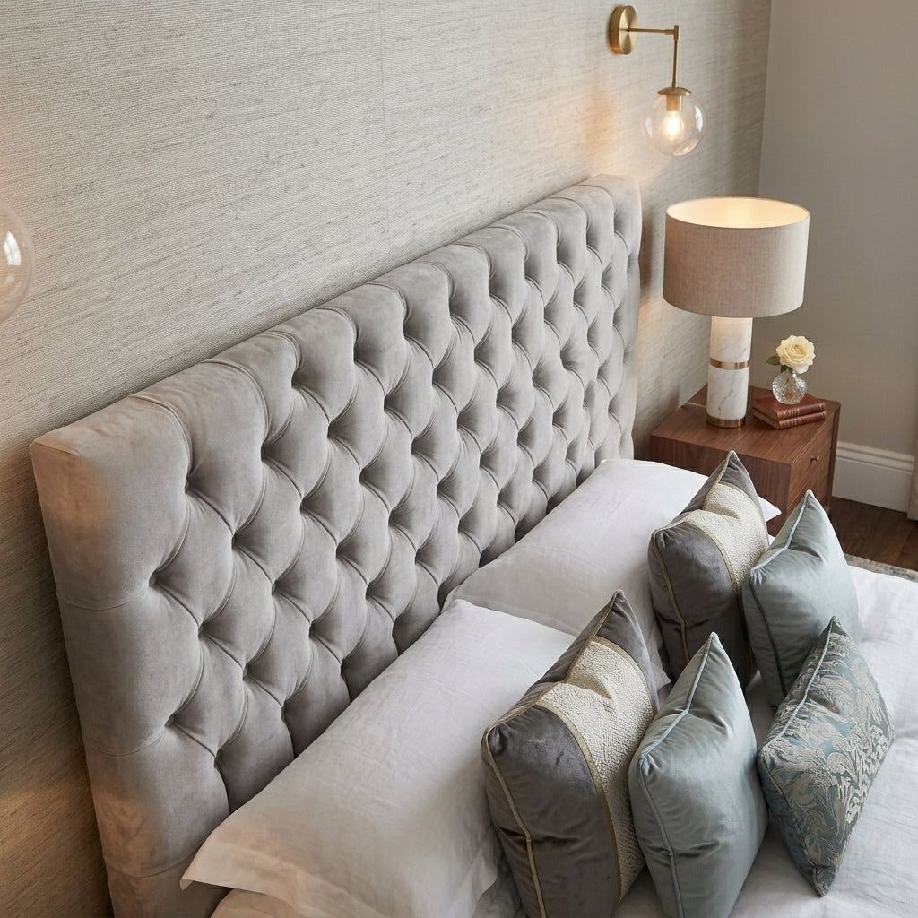 A large tufted velvet headboard in a light gray color, styled on a bed with white and gray pillows in a modern bedroom setting.