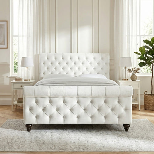 Ascot Sleigh Bed frame double size in ice plush velvet with scrolled headboard
