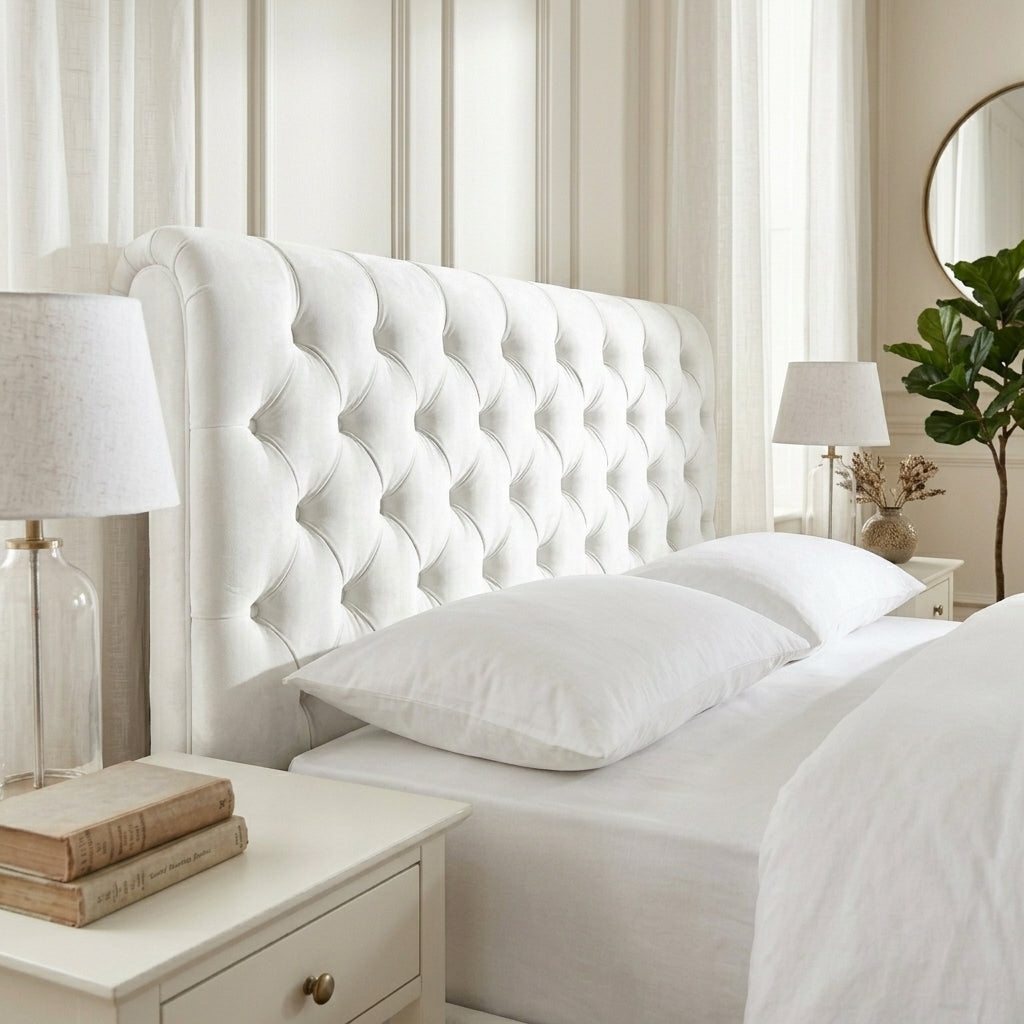 Close up of ice plush velvet upholstery on scrolled sleigh bed headboard
