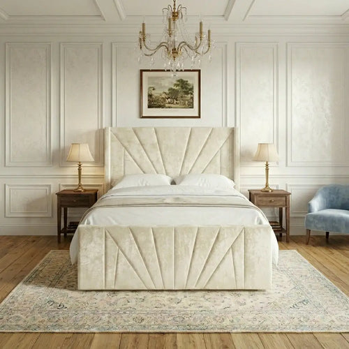 Ascot Wingback Bed with upholstered wingback headboard in cream plush velvet