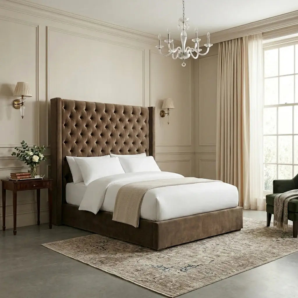 A brown tufted upholstered tall bed with a high wingback headboard and matching base, dressed in white linens and a beige throw, set in a styled bedroom with a chandelier, curtains, and a rug.