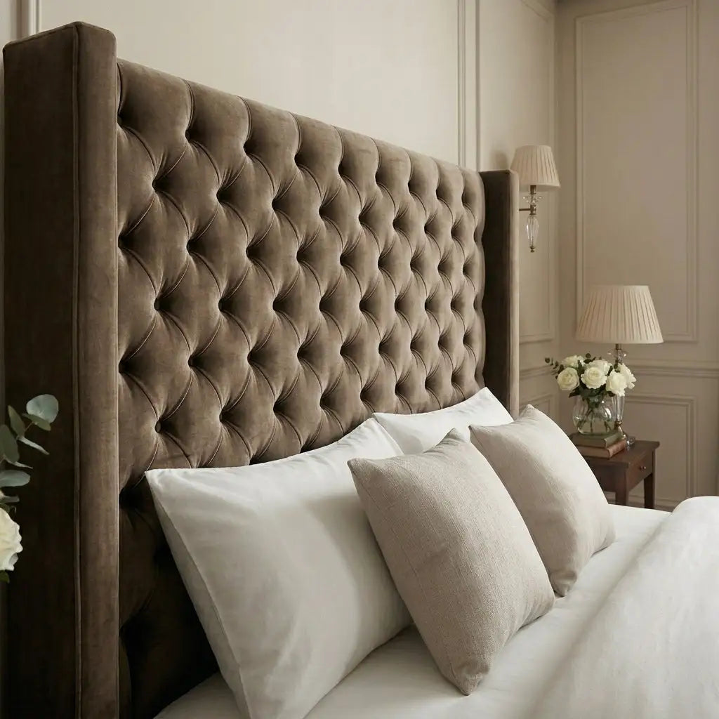 Close up of tall vertical panel headboard on Ashford Tall Bed
