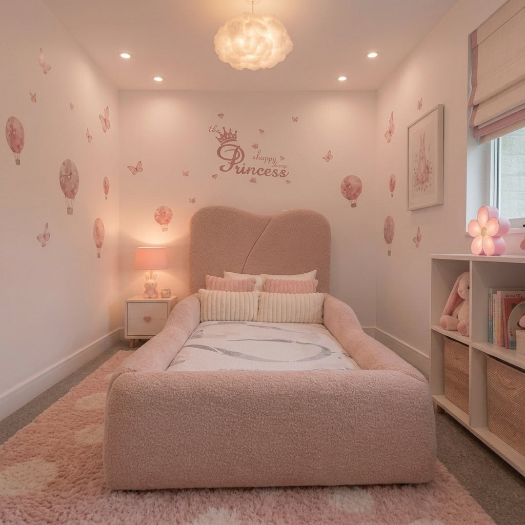 A cozy children's bedroom featuring a plush, dusty pink bed frame with a matching textured headboard and footboard. The room is decorated with pink fairy decals, a pink shag rug, a pink bedside table with a lamp, and a white shelving unit with books and a stuffed bunny.