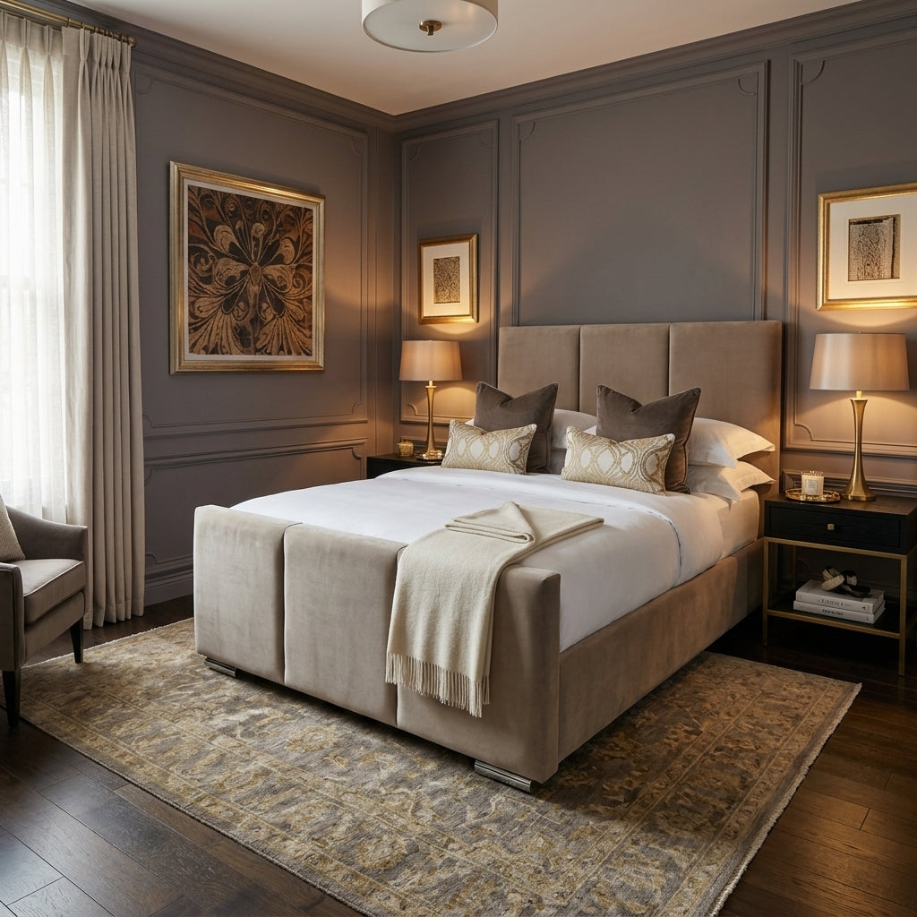 A luxury bedroom featuring a large upholstered bed frame in taupe, styled with white bedding, patterned pillows, and a beige throw blanket. The room has dark gray paneled walls, a patterned area rug, and matching bedside tables and lamps.