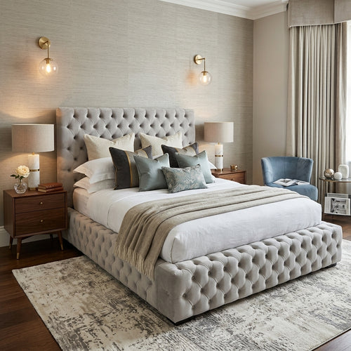 A luxury bedroom featuring a large tufted platform bed in light gray upholstery, styled with white linens, gray and blue accent pillows, and a beige throw blanket. The room has a textured beige wall, matching curtains, two brass wall sconces, and dark wood nightstands.