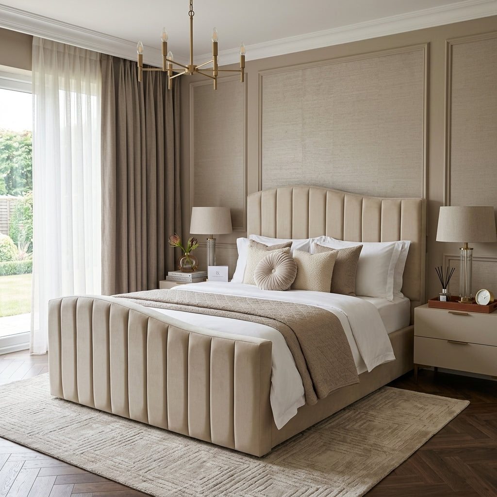 A modern upholstered bed in a warm beige velvet fabric with channel tufting, styled in a luxurious bedroom setting with matching beige curtains, nightstands, and a chandelier.