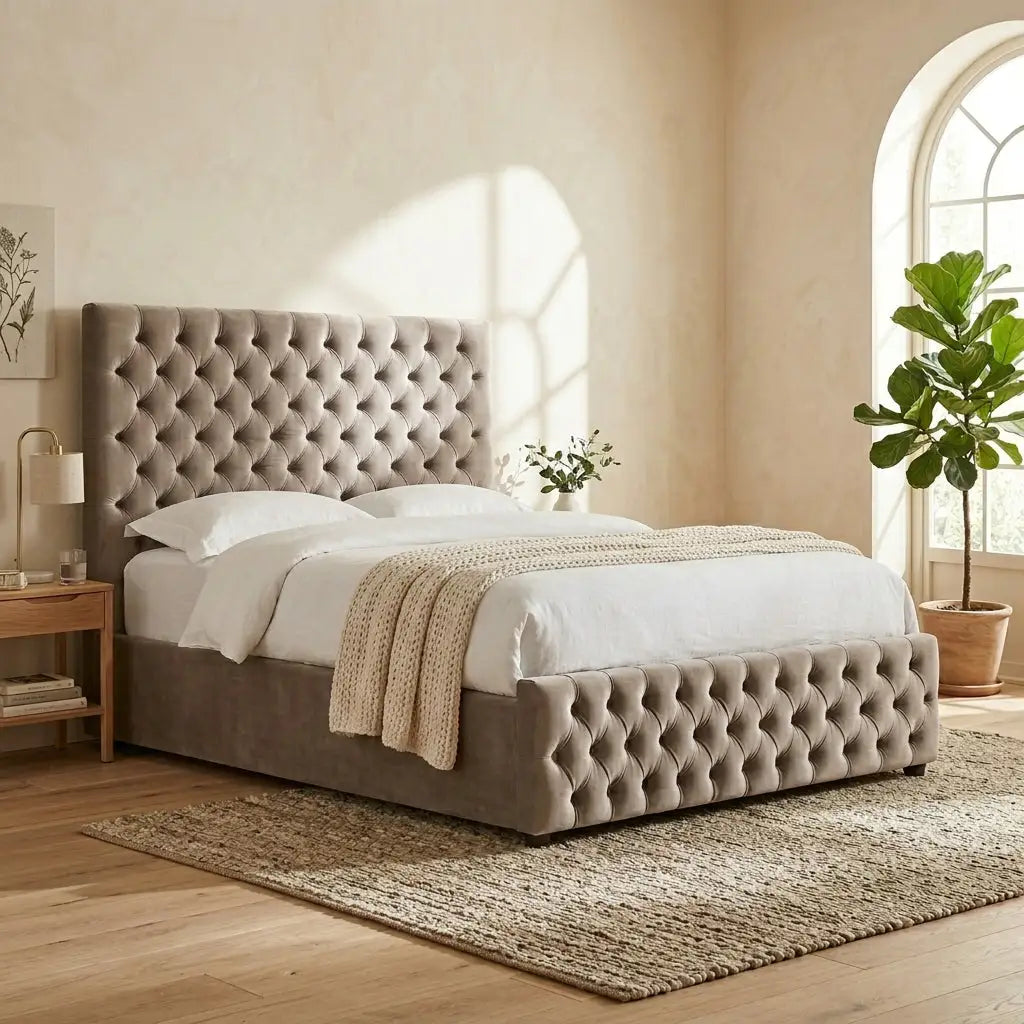Side profile of deep buttoned Belgravia upholstered bed, styled in a bright bedroom with white bedding