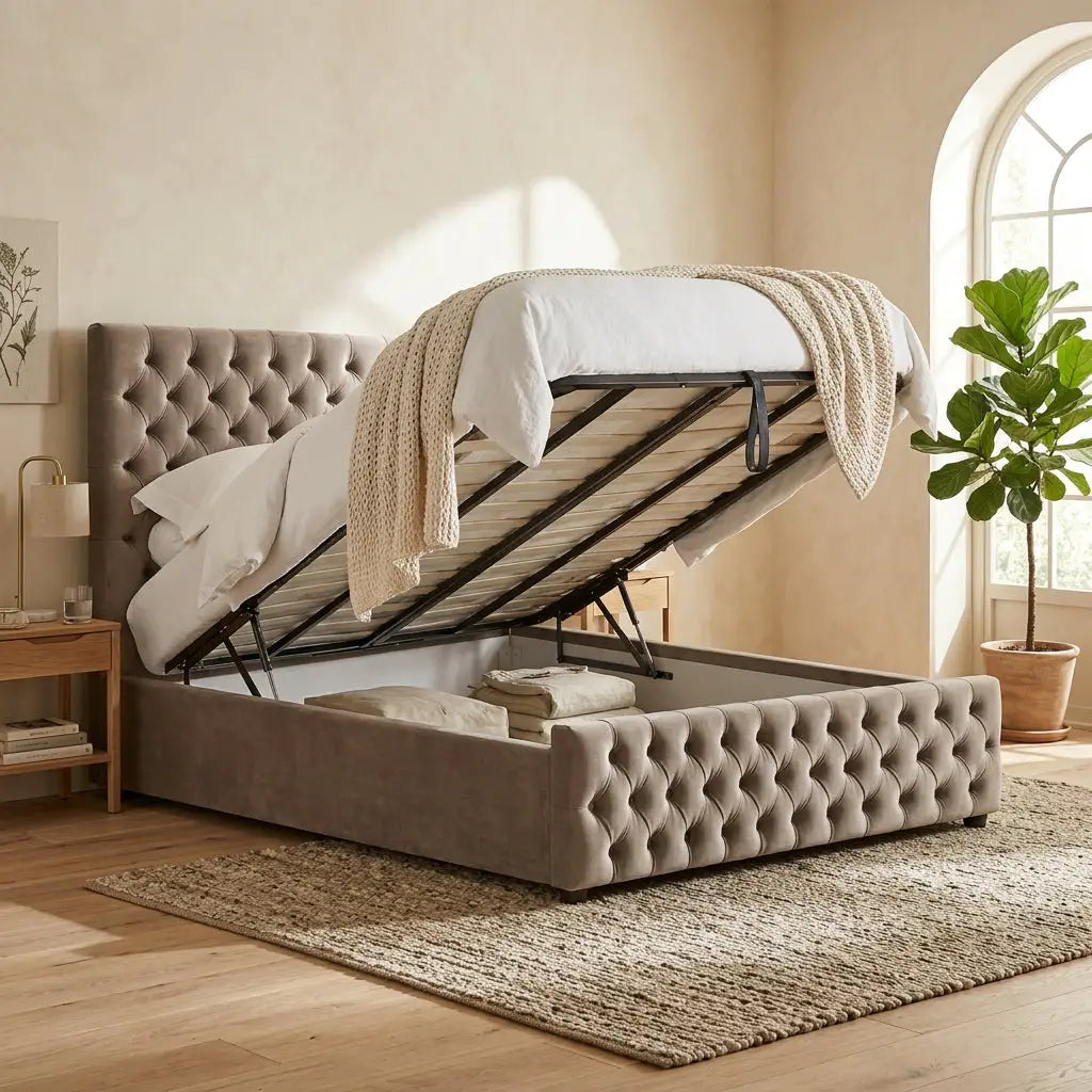 Belgravia Chesterfield Bed ottoman gas lift bed showing side view 