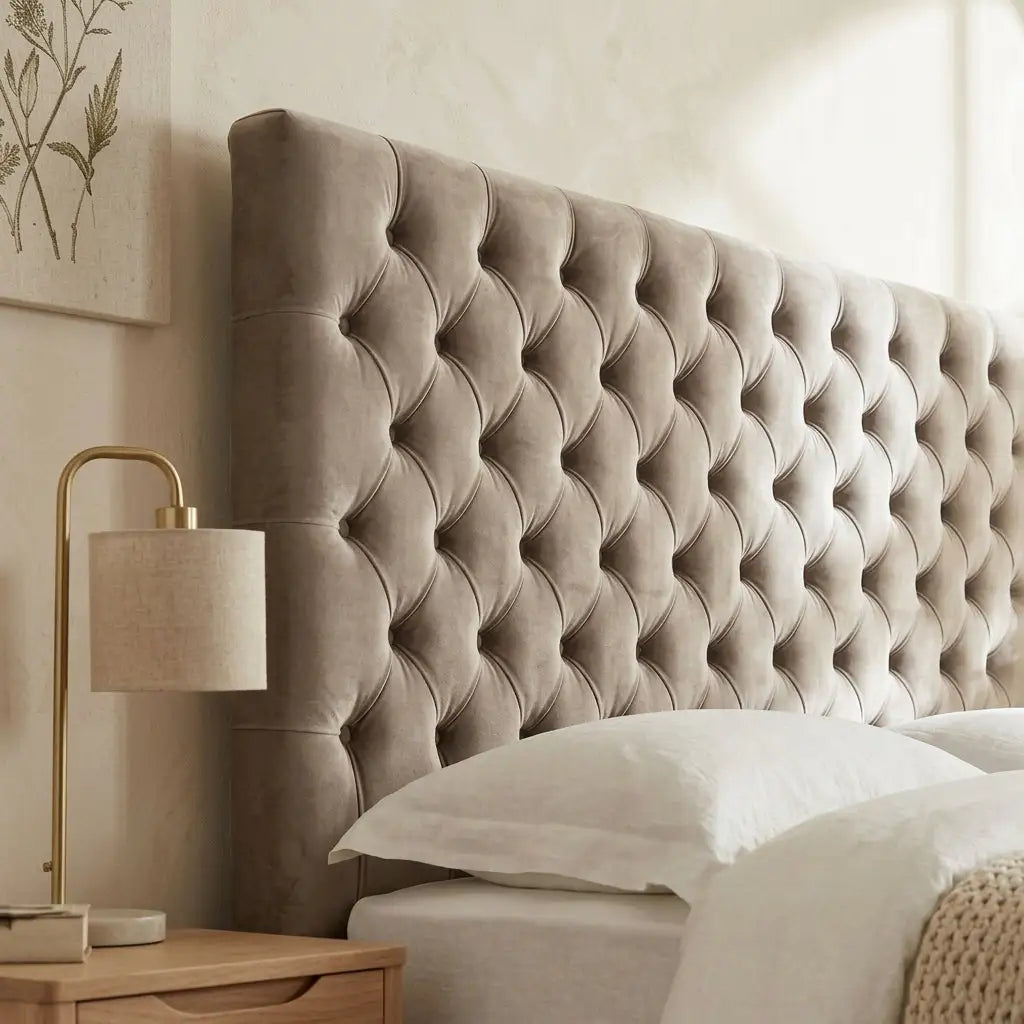 Detailed view of Chesterfield tufting on Belgravia ottoman bed's headboard