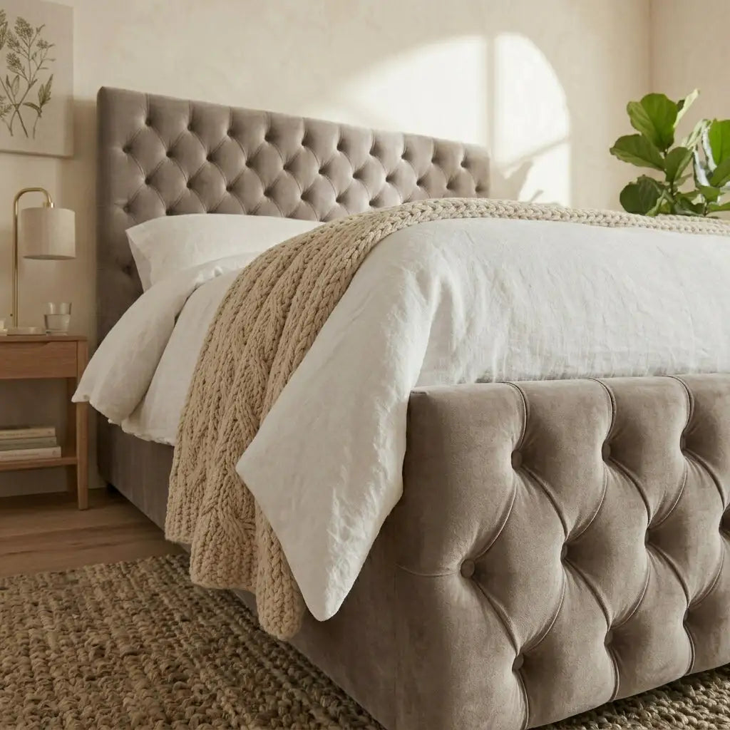 Detailed view of Chesterfield deep buttoning on Belgravia ottoman bed's footboard