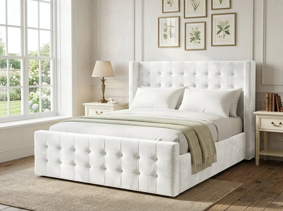 Belmont Wingback Bed custom wingback bed frame in luxury bedroom setup