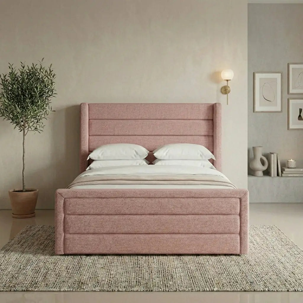 Winged headboard bed frame - Blush Wing Bed with padded velvet finish
