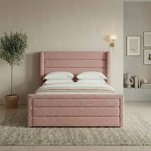 Winged headboard bed frame - Blush Wing Bed with padded velvet finish
