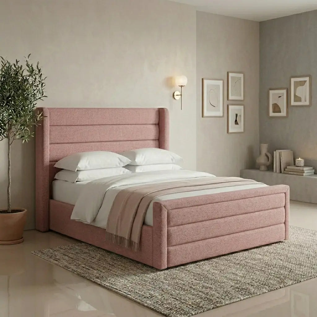 Blush Wing Bed winged headboard bed frame in plush upholstered fabric
