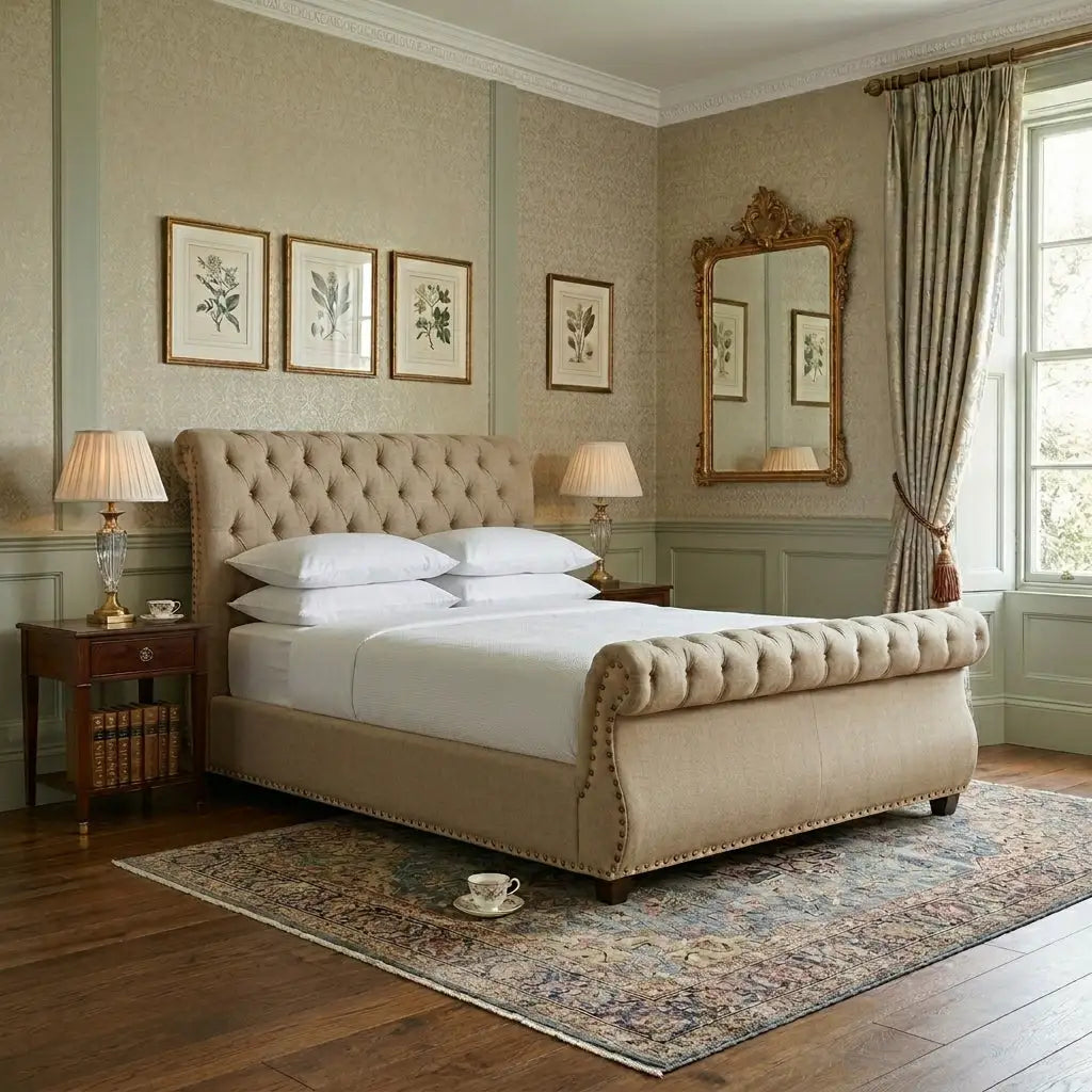 A classic tufted cavendish curve bed in a warm beige/taupe color, styled in a traditional bedroom with white bedding, wooden nightstands, matching lamps, botanical wall art, a large ornate gold mirror, and a patterned area rug.