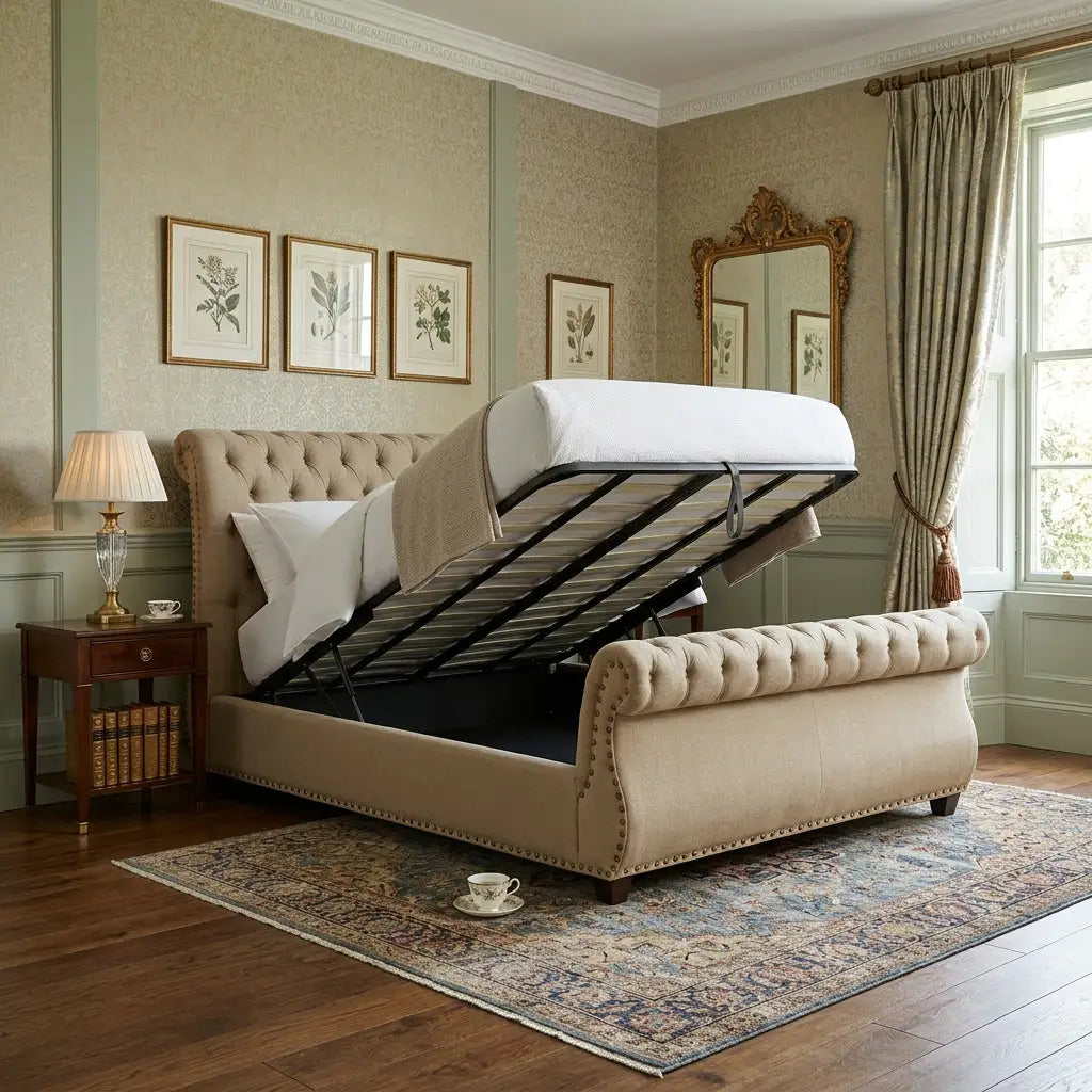 Cavendish Curve Bed curved ottoman storage bed with gas lift base open
