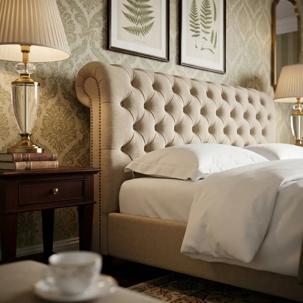 Close up of smooth curved headboard profile on Cavendish Curve Bed
