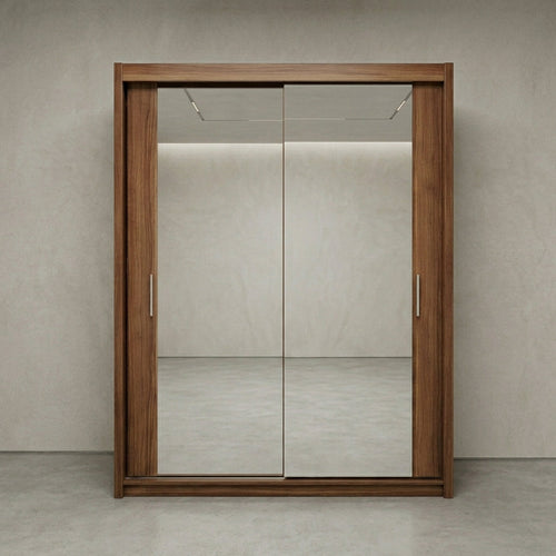 Chicago solid wood wardrobes UK in rich walnut finish with full length double mirror sliding doors
