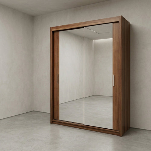 Chicago mirrored wooden sliding wardrobe shown from side profile in modern bedroom layout
