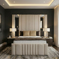 Crystal Luxe high headboard bed frame with mirror panel trim and tall channel tufted headboard in luxury UK bedroom