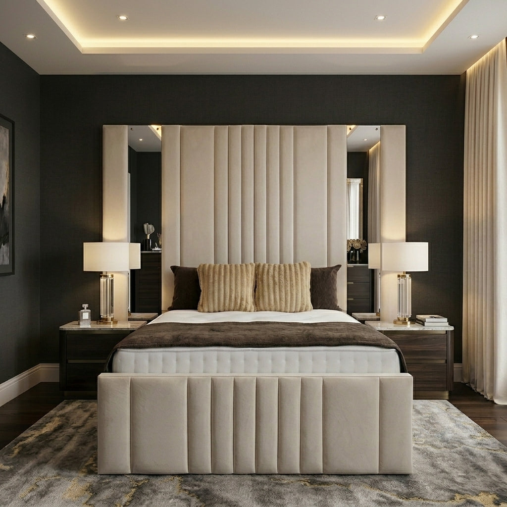 Crystal Luxe high headboard bed frame with mirror panel trim and tall channel tufted headboard in luxury UK bedroom