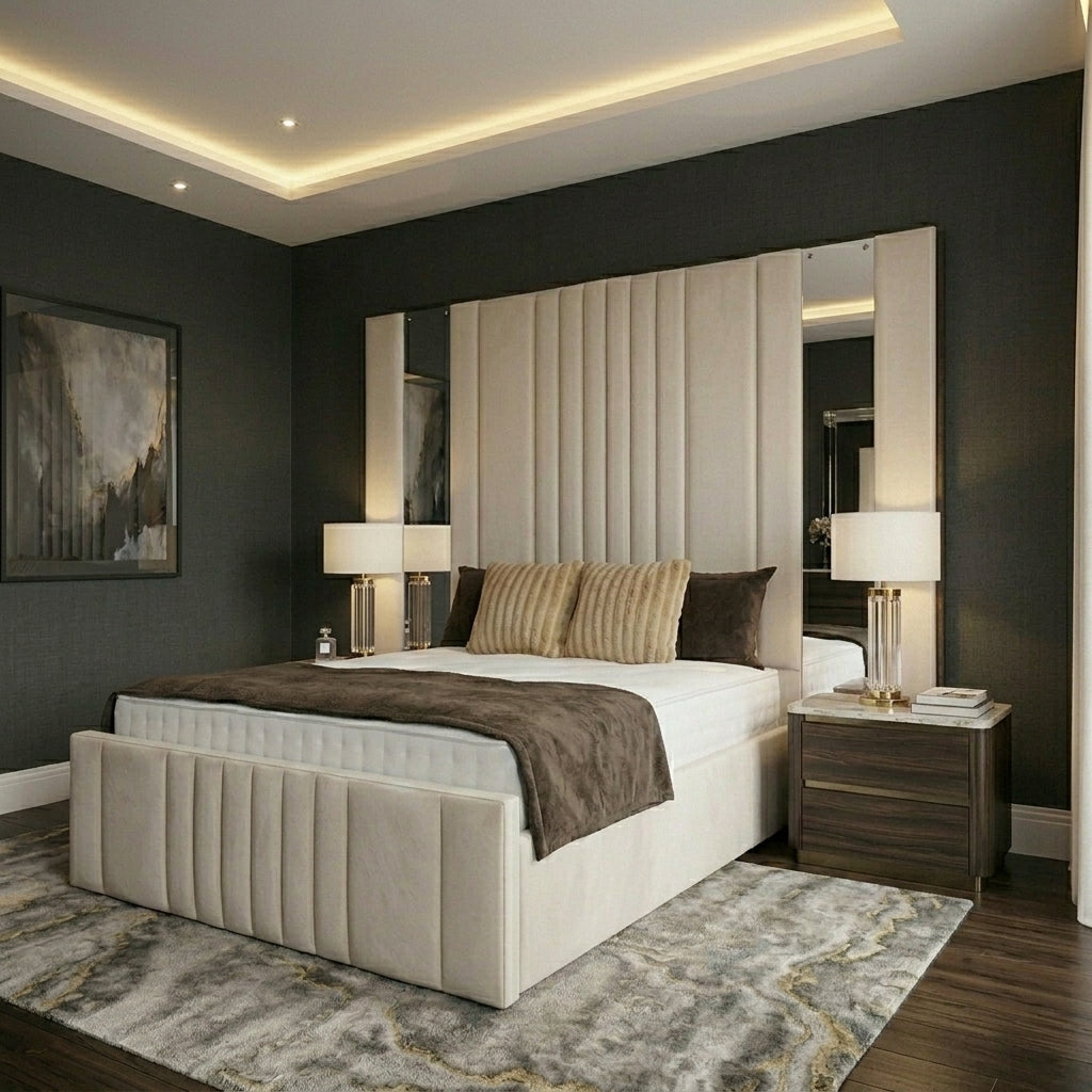 Crystal Luxe Panel Bed | 72" Inch High Headboard Bed UK with Integrated Mirror Panels & Optional Ottoman Storage