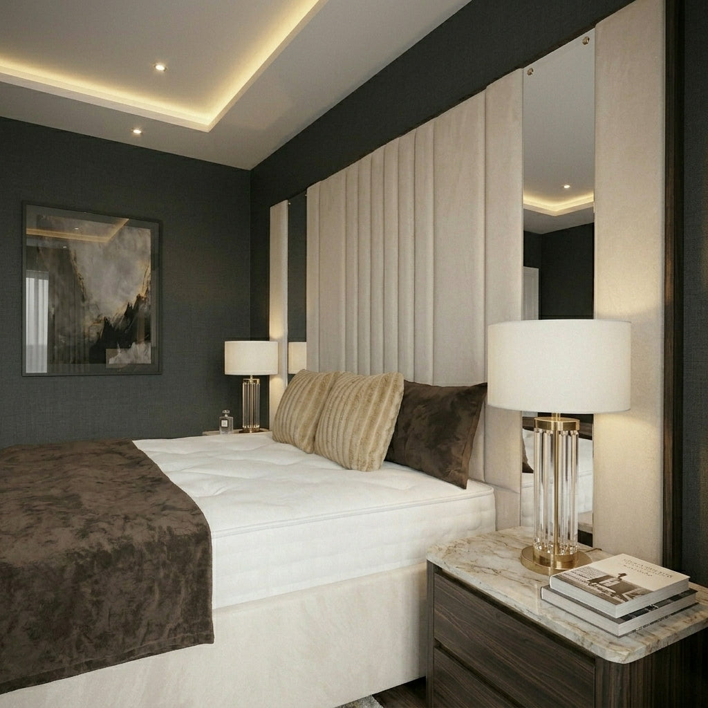 Crystal Luxe Panel Bed | 72" Inch High Headboard Bed UK with Integrated Mirror Panels & Optional Ottoman Storage