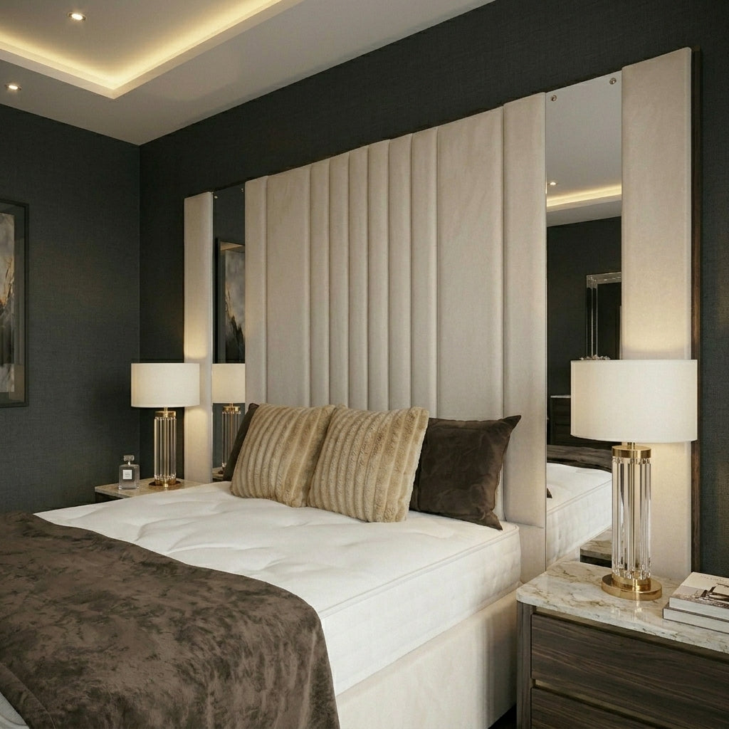 Close up of integrated mirror panel accent and plush upholstered channel tufting on Crystal bed headboard