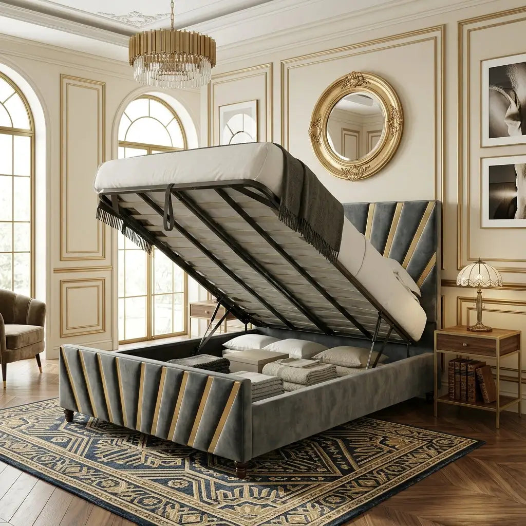 A luxury gray velvet Darlington storage bed with gold-toned diagonal stripes, shown in a styled bedroom with its gas-lift raised to reveal ottoman storage space underneath.
