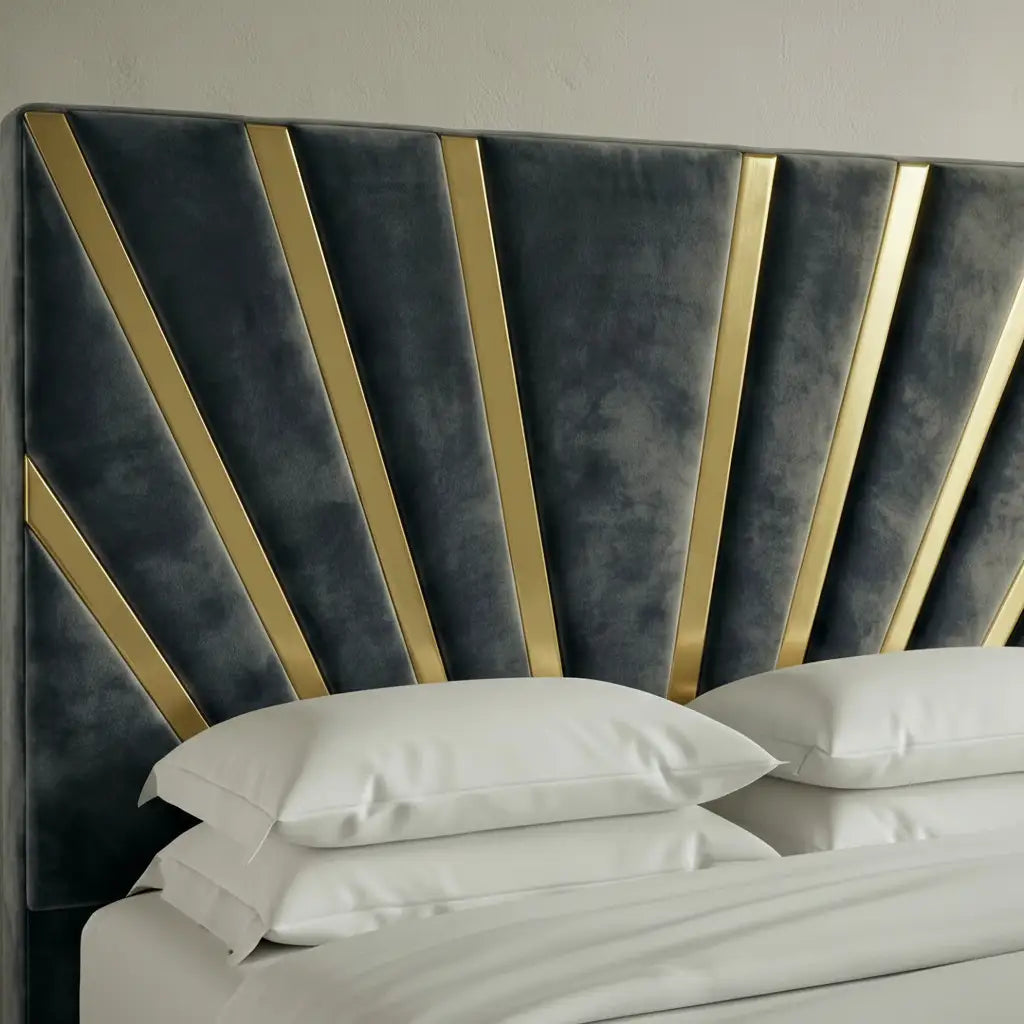 Gray velvet headboard with gold accents and white bedding on Darlington Panel Bed