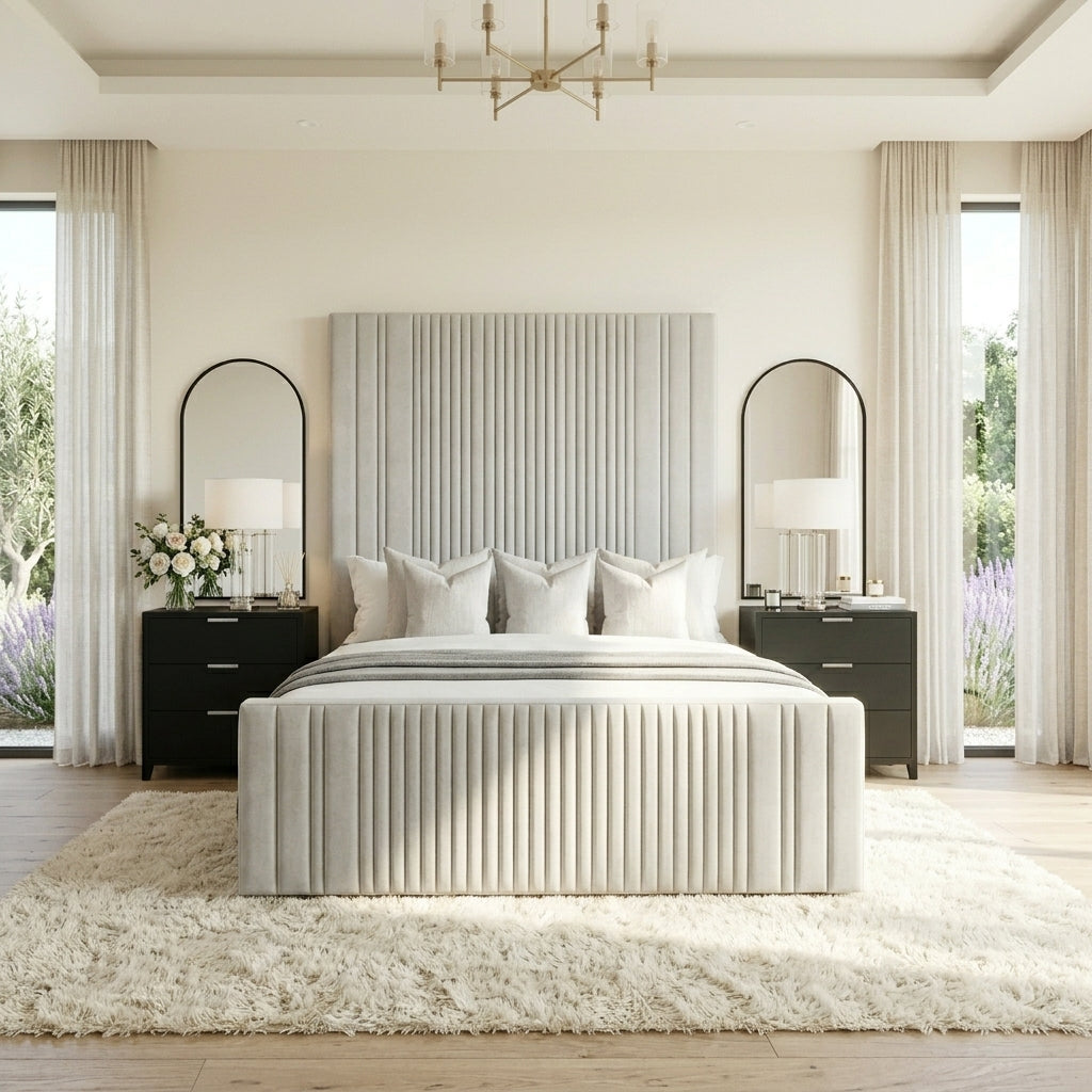 Elara luxury panel bed with matching footboard and tall upholstered headboard in modern bedroom setup