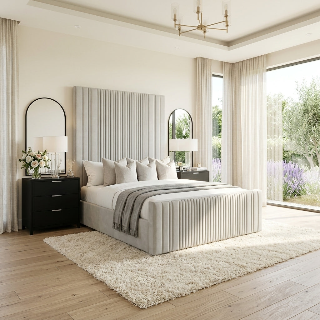 A modern bedroom featuring Elara Luxe Bed with a light gray pleated upholstered bed frame with a tall matching headboard and footboard.