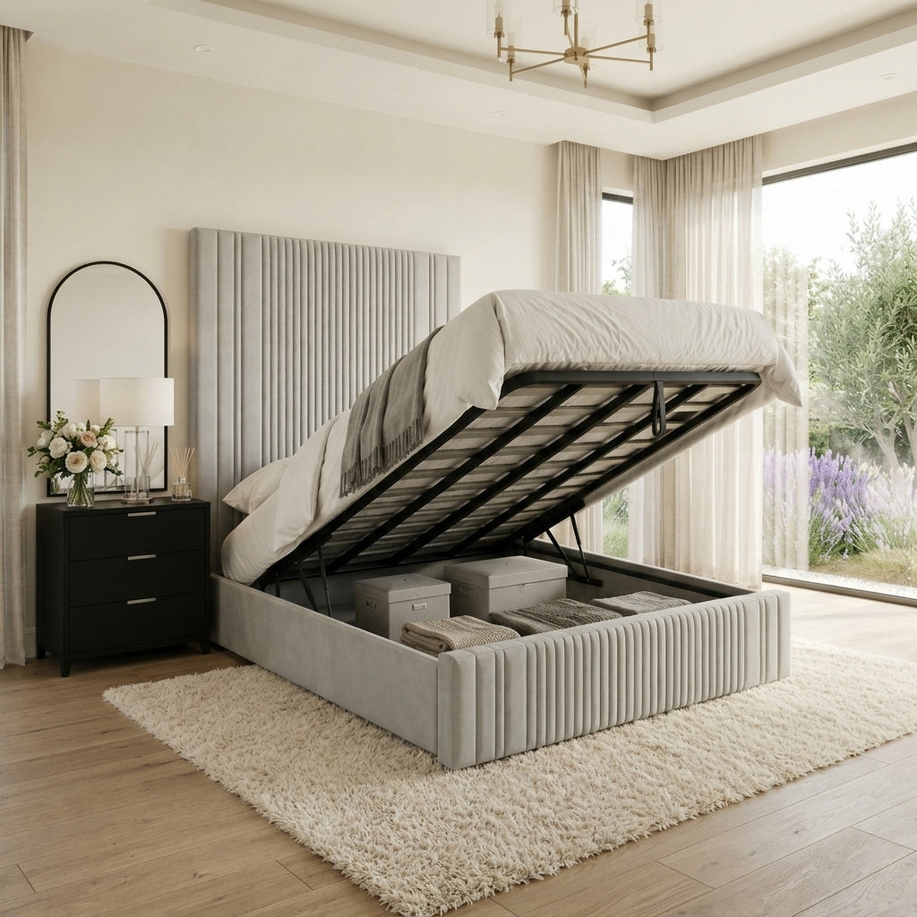 Elara panel bed raised showing gas lift ottoman storage mechanism with bedding stored inside