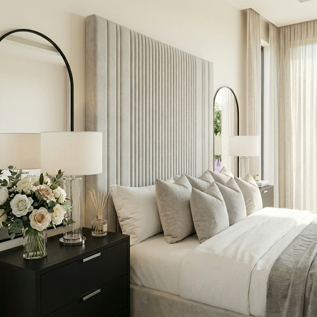 A modern bedroom featuring a tall, pleated upholstered headboard in a light beige-gray color, styled with white and beige bedding on Elara Luxe Bed