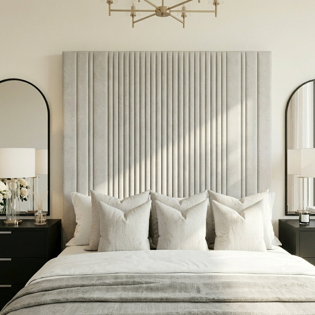 Close up of plush fabric upholstery and 4 inch thick solid frame structure on Elara panel bed