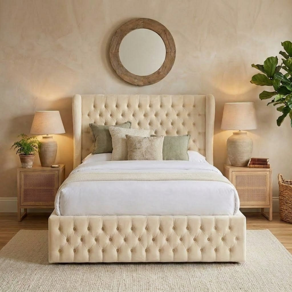 Essex Signature luxury wingback bed frame in cream fabric with buttoned headboard
