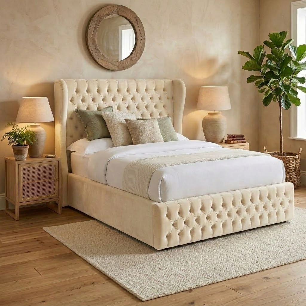 A cream tufted upholstered bed with a wingback headboard and matching footboard, styled in a warm beige bedroom with white bedding, two bedside tables with lamps, a round mirror, and a potted plant.