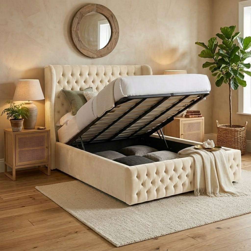 Boutique hotel bedroom featuring Essex Signature wingback ottoman storage bed
