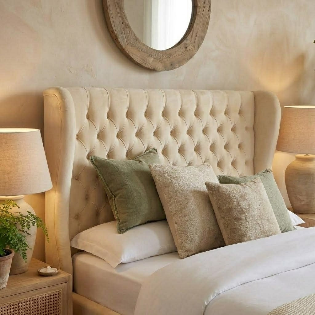 Detail view of deep buttoned upholstered wingback headboard in cream fabric
