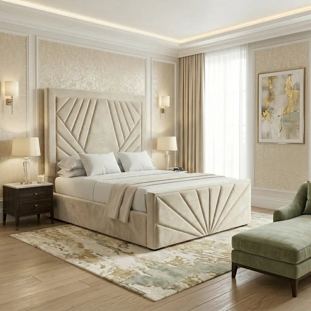 A luxury upholstered bed with a tall geometric headboard and matching footboard, styled in a bright, elegant bedroom with beige walls, a green velvet bench, and a patterned area rug.