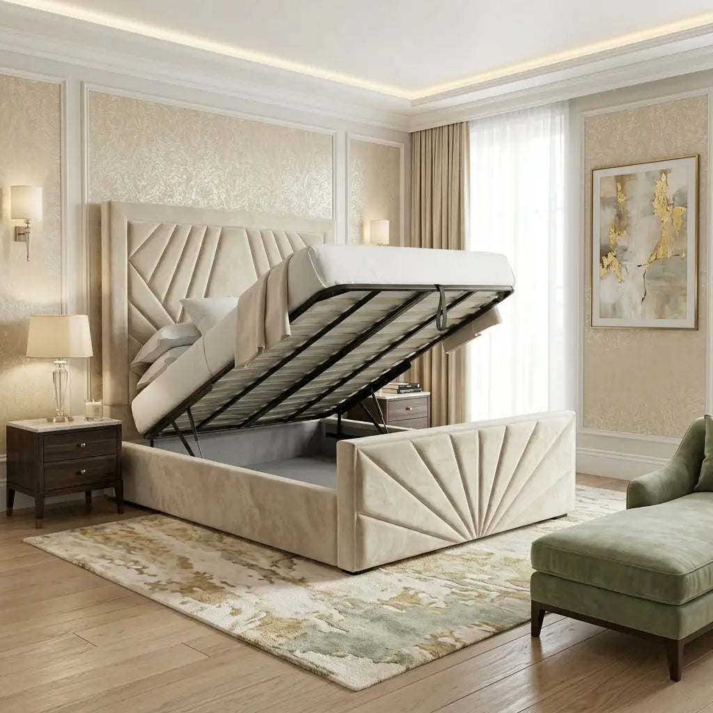 Cozy small bedroom featuring Essex Sunburst space saving ottoman bed frame
