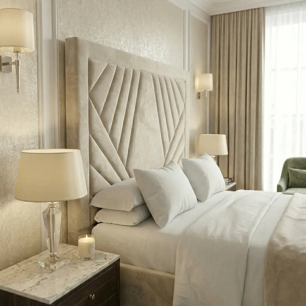 Detail view of thick padded bumper surround and sunburst headboard pattern
