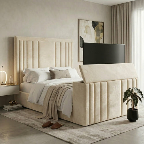 Grand Panel TV Bed king size tv ottoman bed showing footboard TV lift

